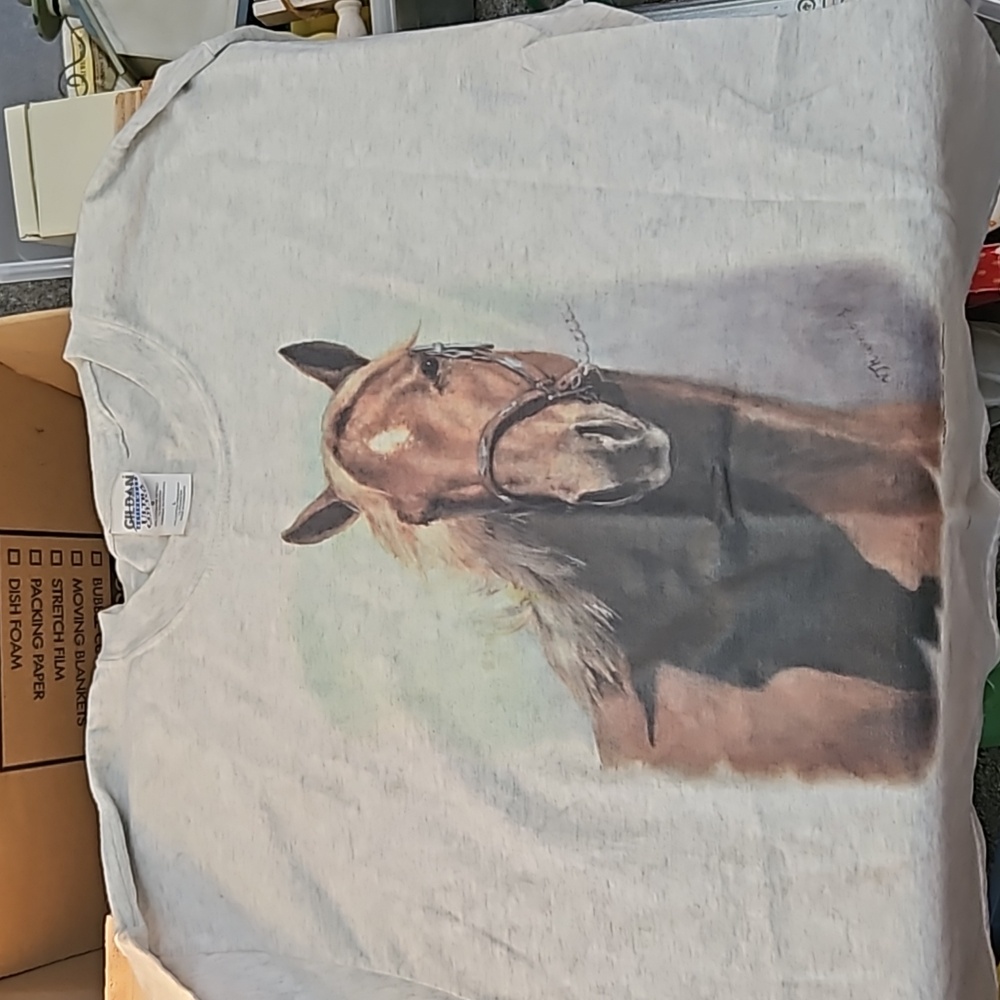 Mens sz LG Signed Horse Themed Tee Shirt Gray